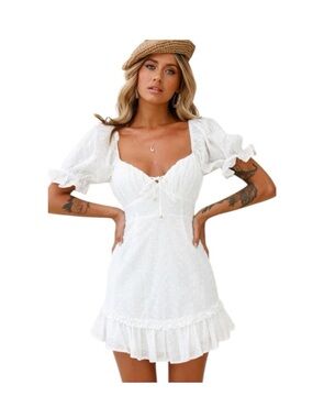 Selfie Leslie Hayden Puff Sleeve Eyelet Embroidery Dress White Sun Dress Size L